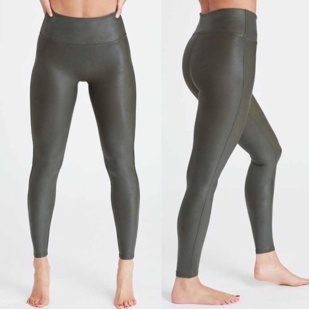 Spanx Women's Rich Olive Faux Leather Liquid Shaping Leggings L